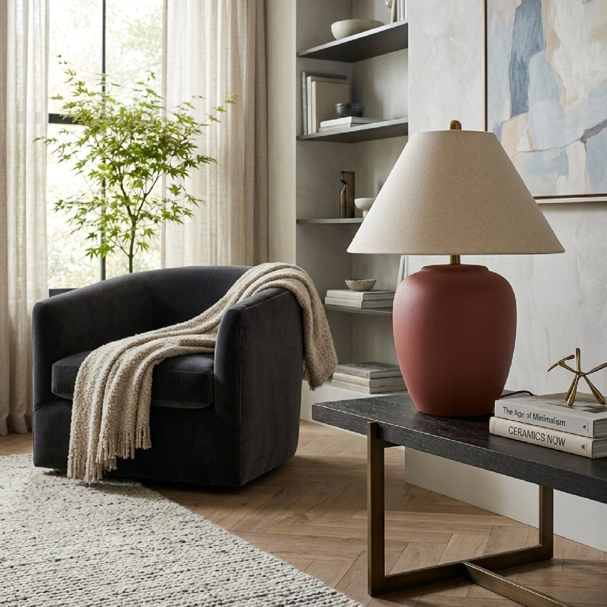 Modern European furniture - Ceramic Beige Linen Table Lamp - www.oroa.com