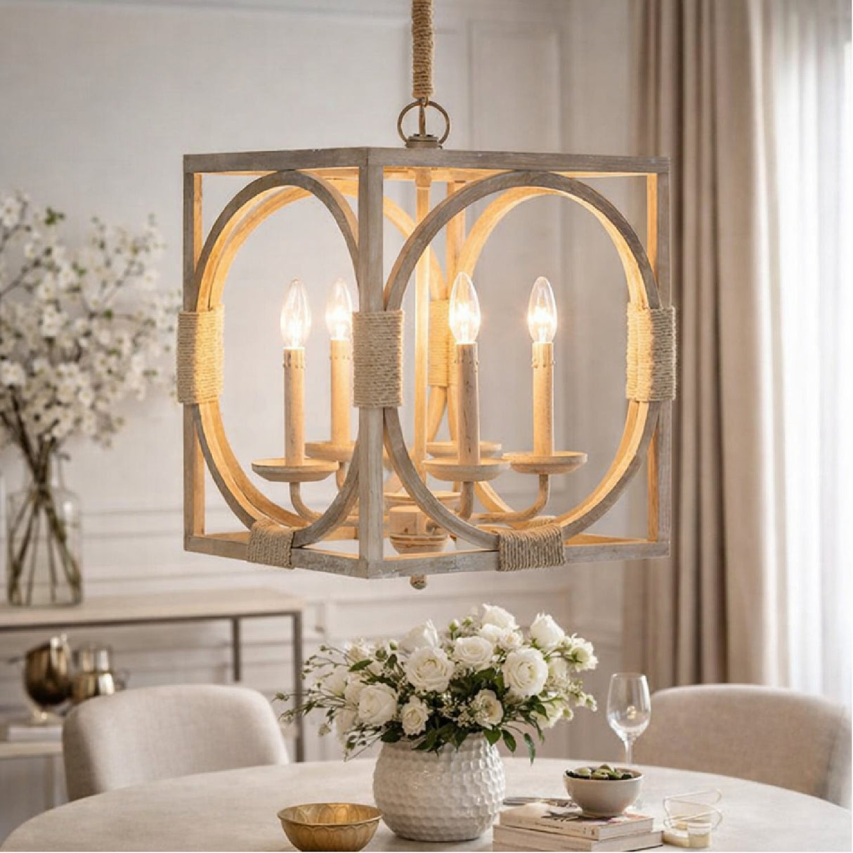 Modern European furniture - Whitewashed Wooden 4-Light Chandelier - www.oroa.com
