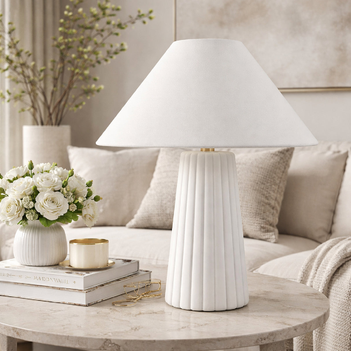 Modern European furniture - Fluted Ceramic Linen Table Lamp - www.oroa.com