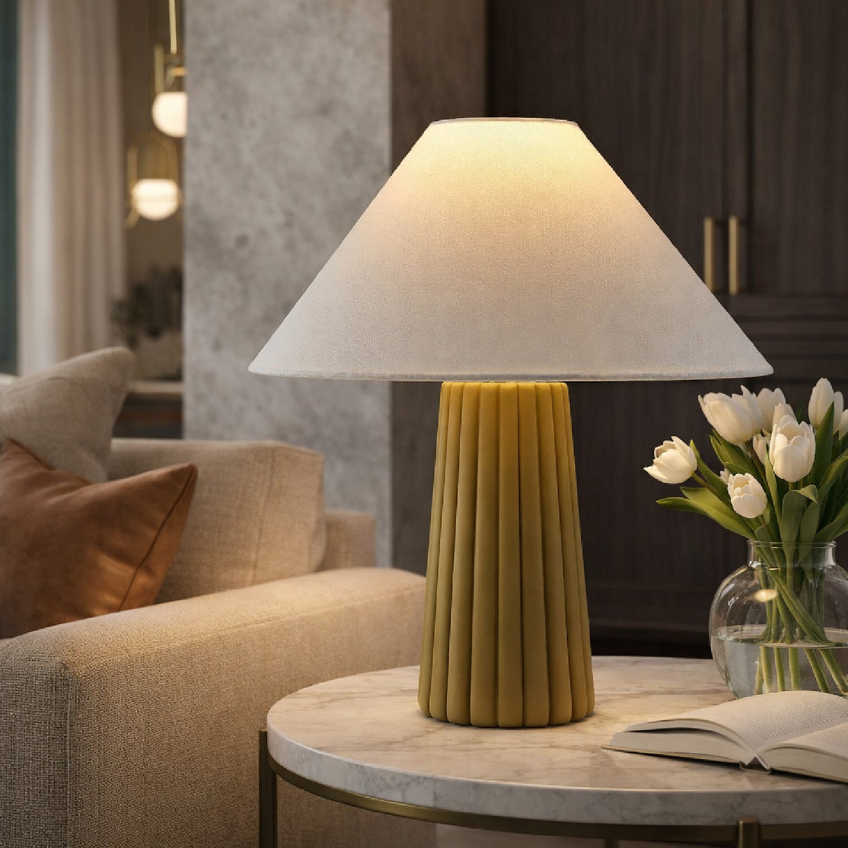 Modern European furniture - Fluted Ceramic Linen Table Lamp - www.oroa.com