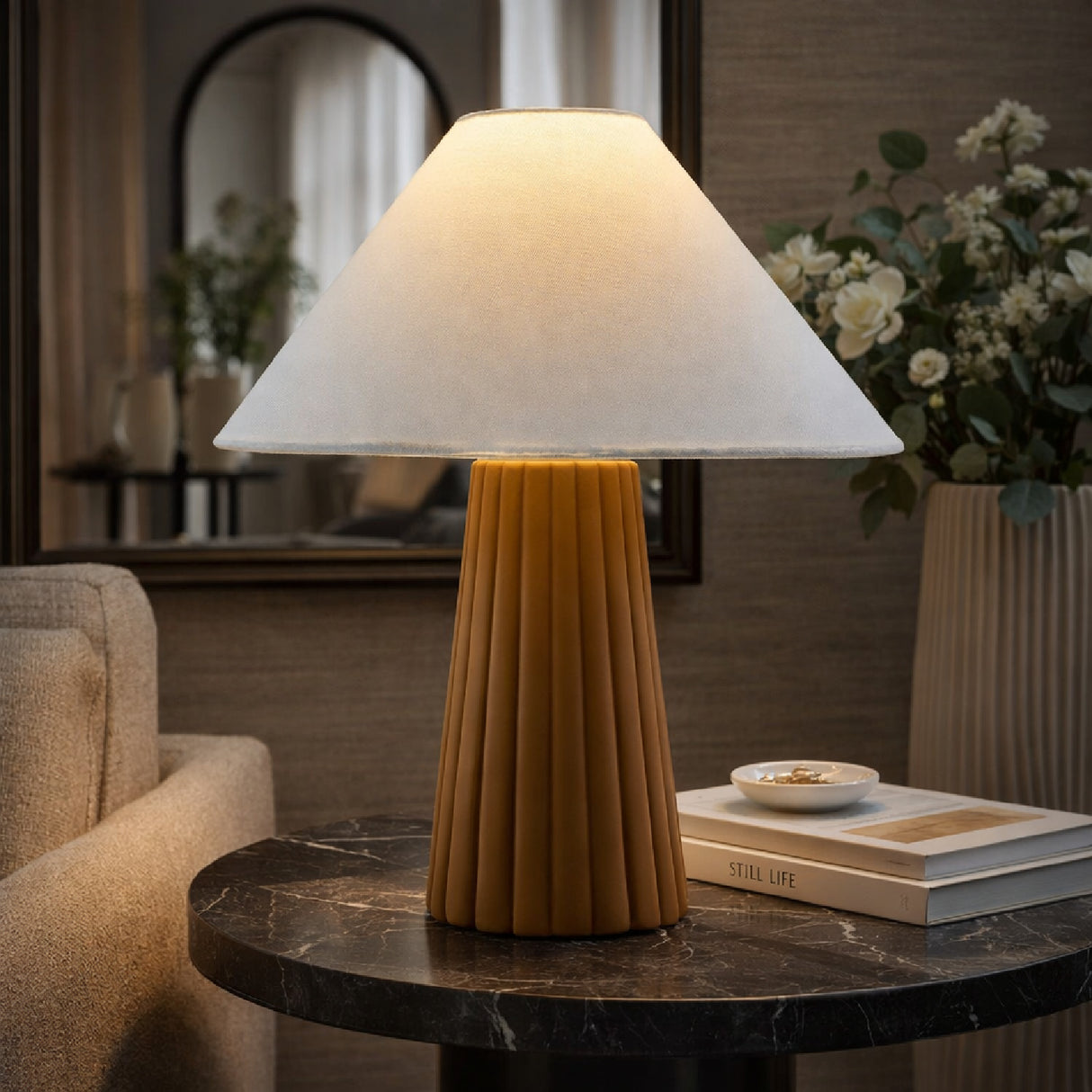 Modern European furniture - Fluted Ceramic Linen Table Lamp - www.oroa.com