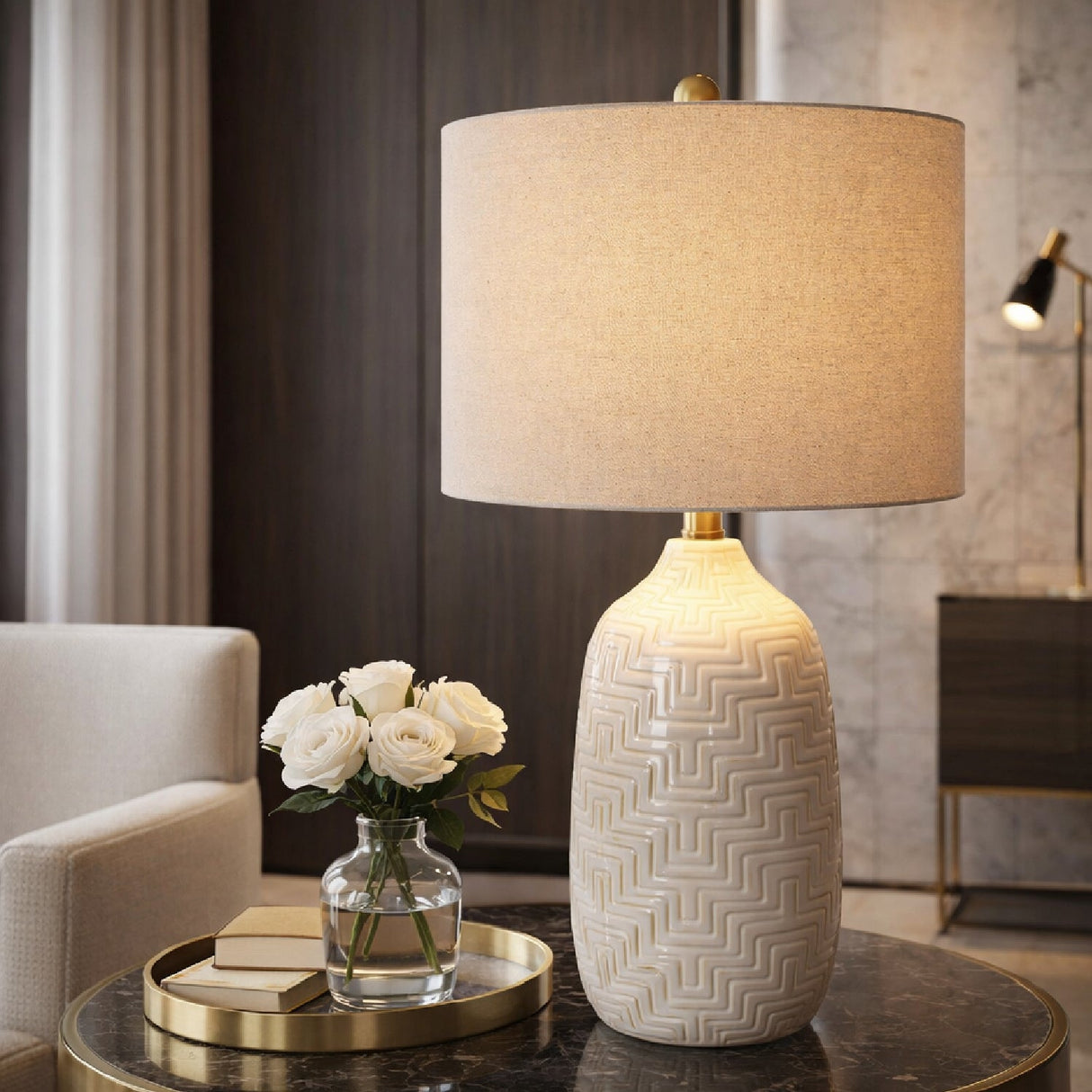 Modern European furniture - Glazed White Ceramic Table Lamp - www.oroa.com