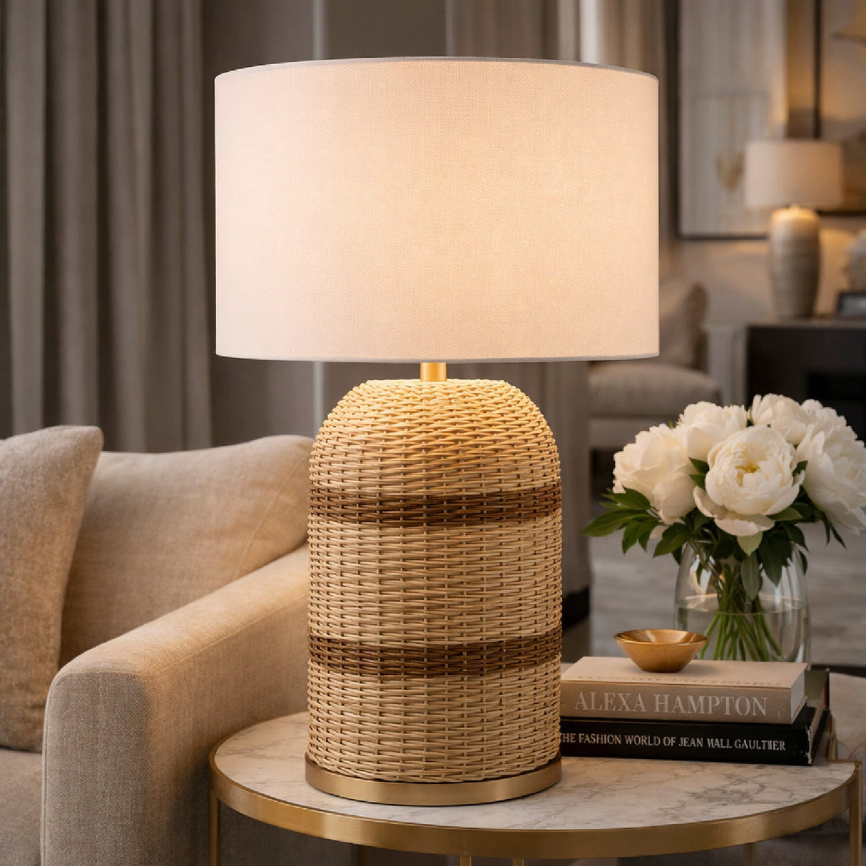 Modern European furniture - Beige Lined Rattan Table Lamp - www.oroa.com