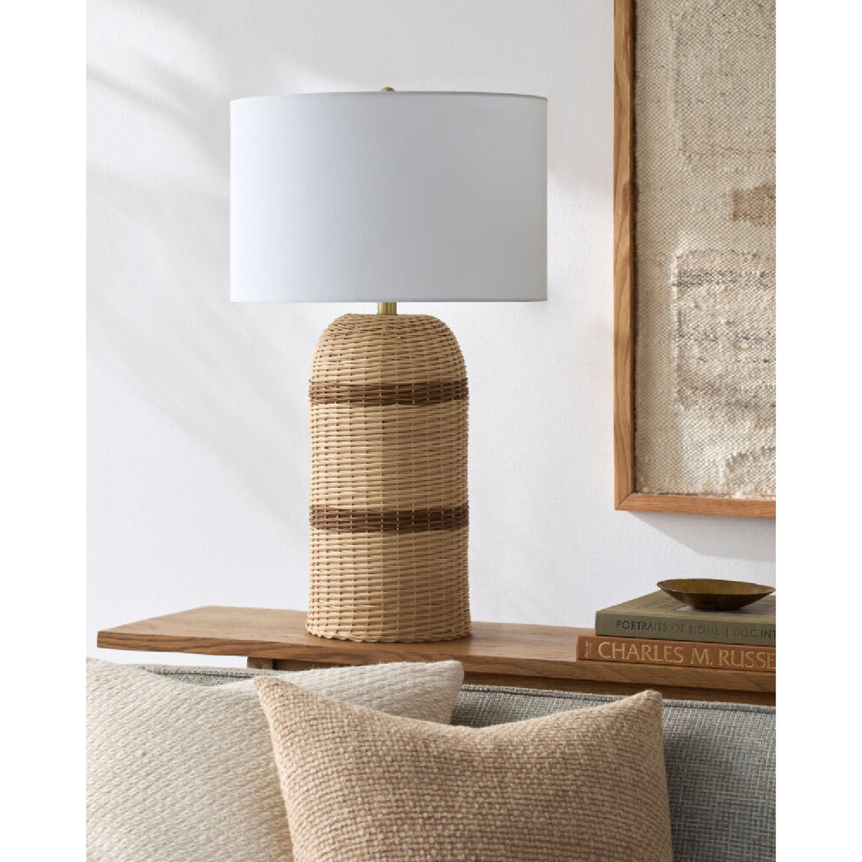 Modern European furniture - Beige Lined Rattan Table Lamp - www.oroa.com