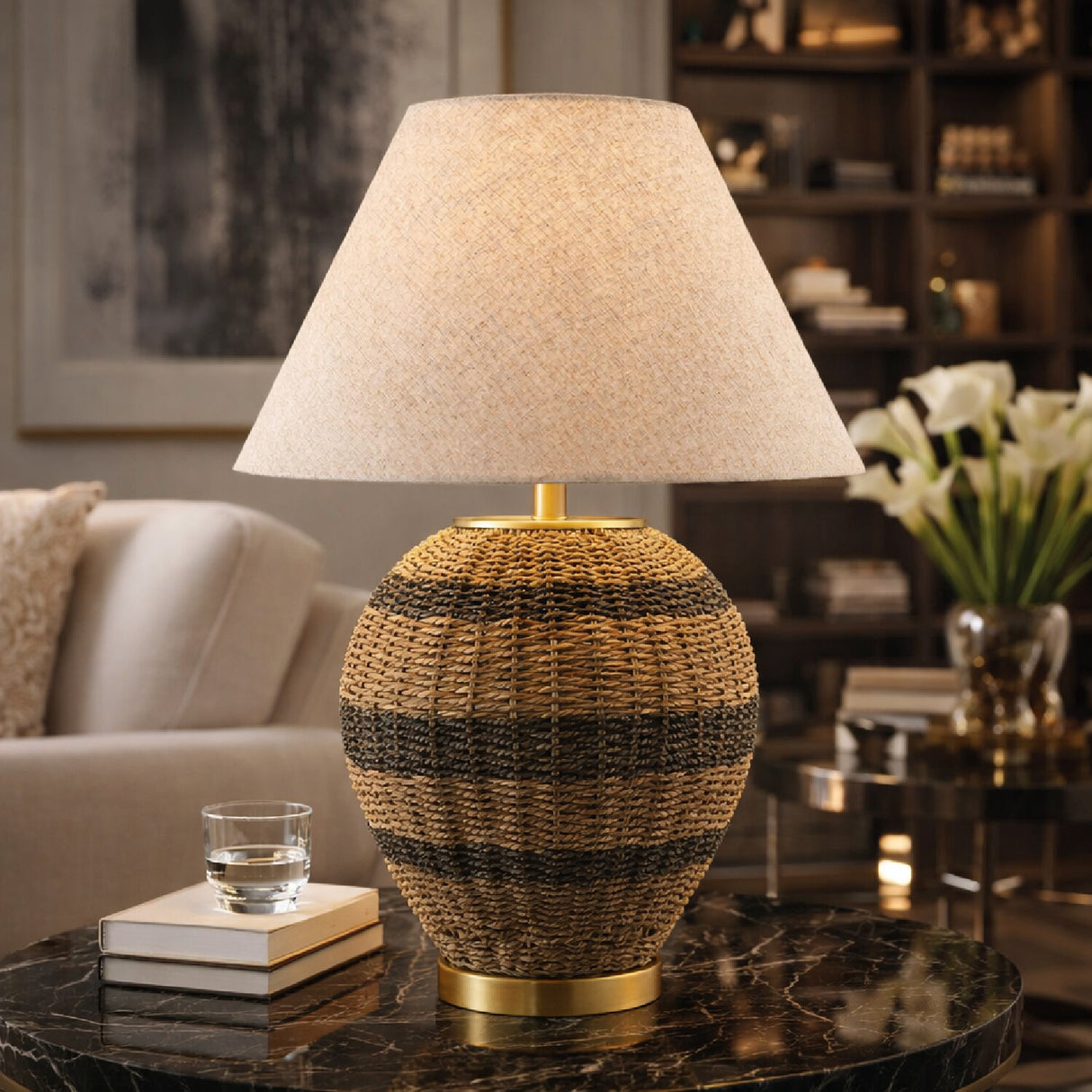 Modern European furniture - Black Lined Rattan Table Lamp - www.oroa.com