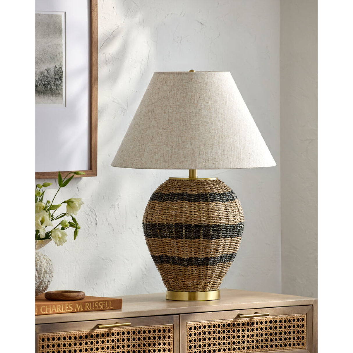 Modern European furniture - Black Lined Rattan Table Lamp - www.oroa.com