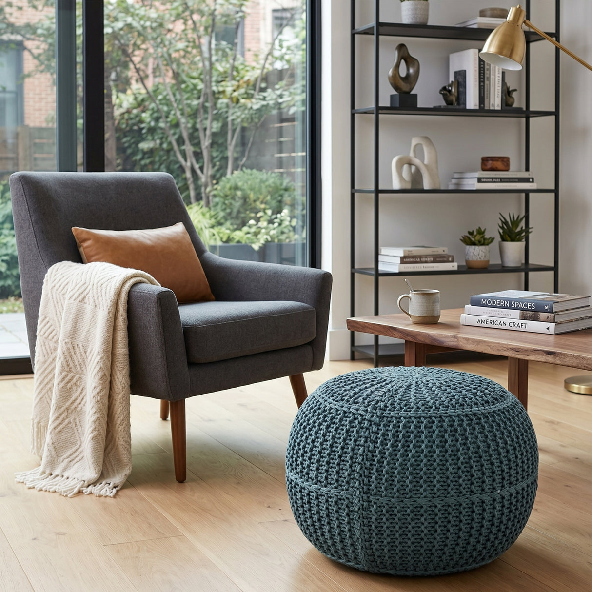 Blue Knitted Round Outdoor Pouf | Oroa.com