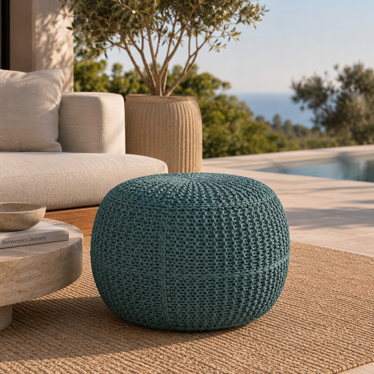 Modern European furniture - Blue Knitted Round Outdoor Pouf - www.oroa.com