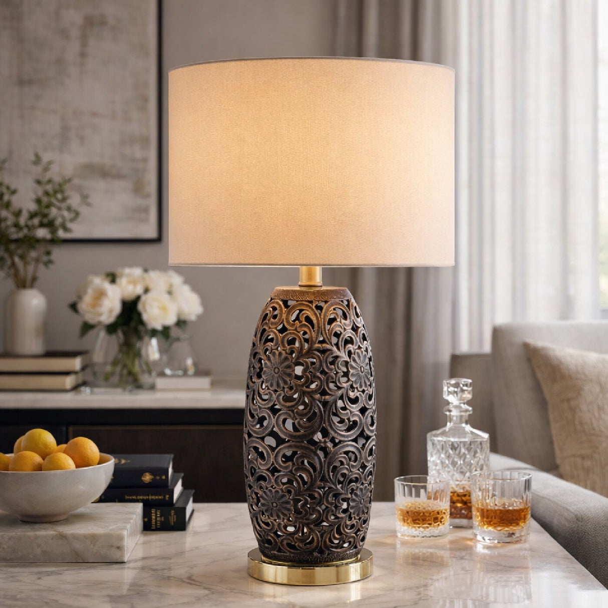 Modern European furniture - Floral Carved Ceramic Table Lamp - www.oroa.com