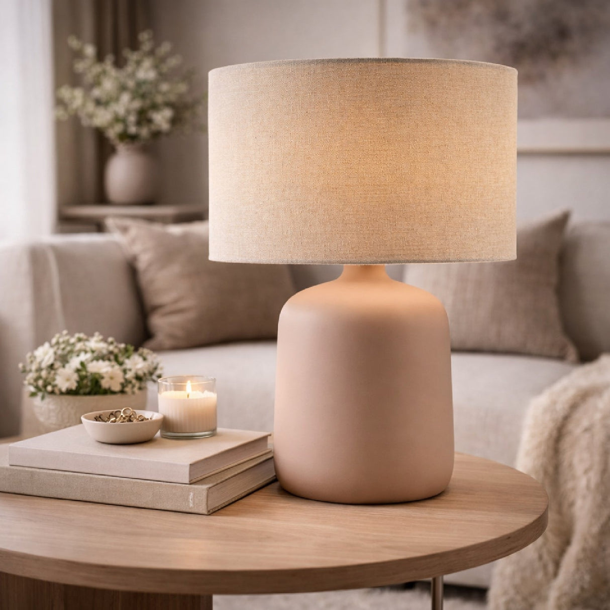 Modern European furniture - Beige Linen Ceramic Table Lamp S - www.oroa.com