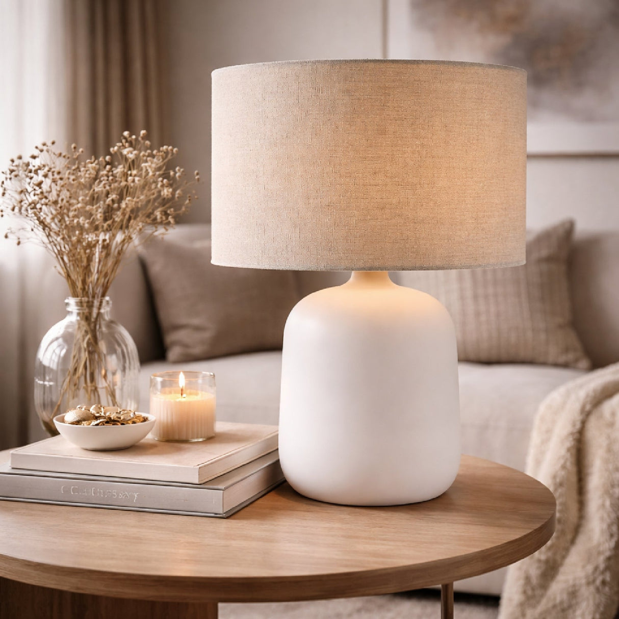 Modern European furniture - Beige Linen Ceramic Table Lamp S - www.oroa.com