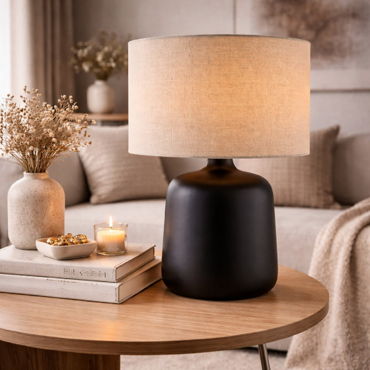 Modern European furniture - Beige Linen Ceramic Table Lamp S - www.oroa.com