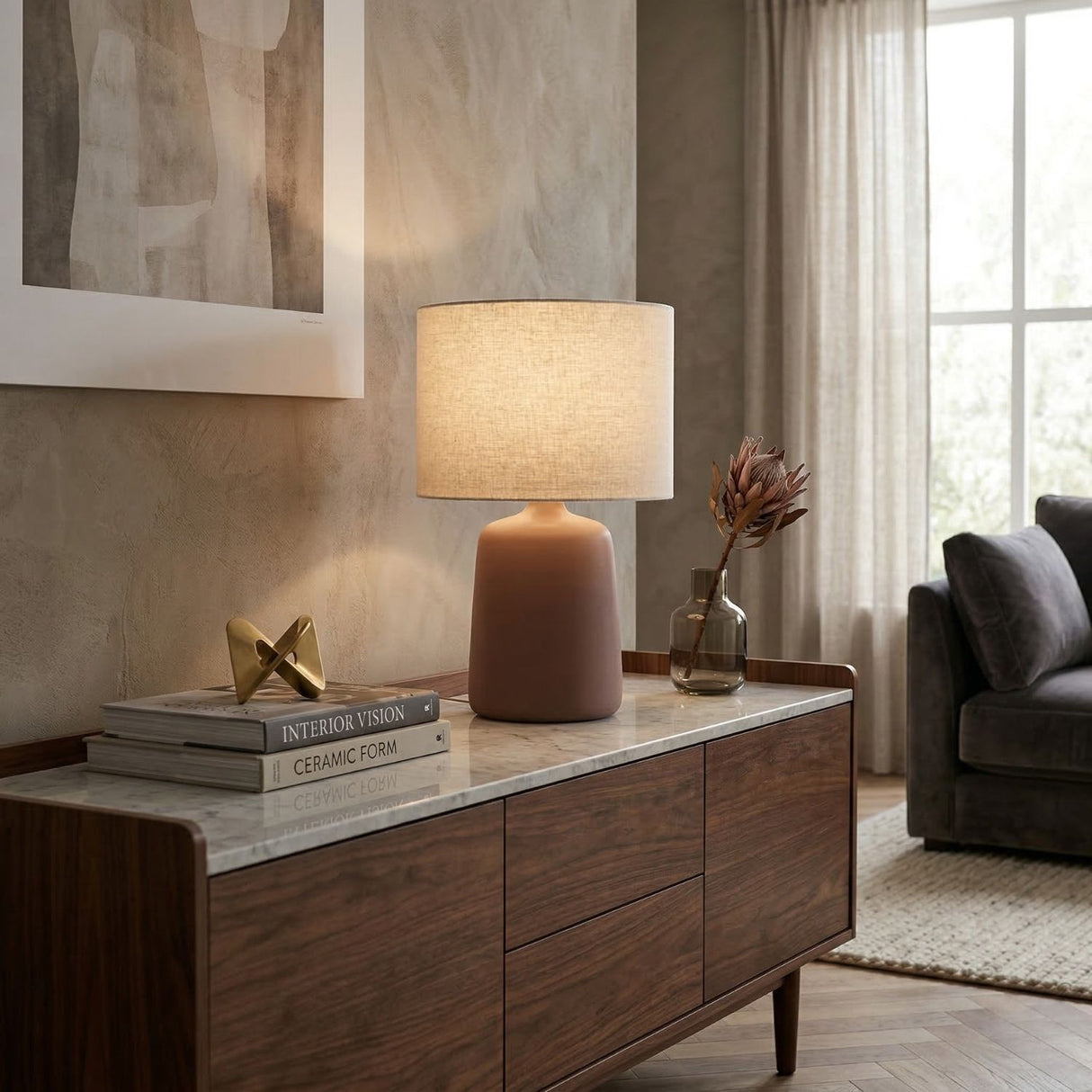 Modern European furniture - Beige Linen Ceramic Table Lamp L - www.oroa.com