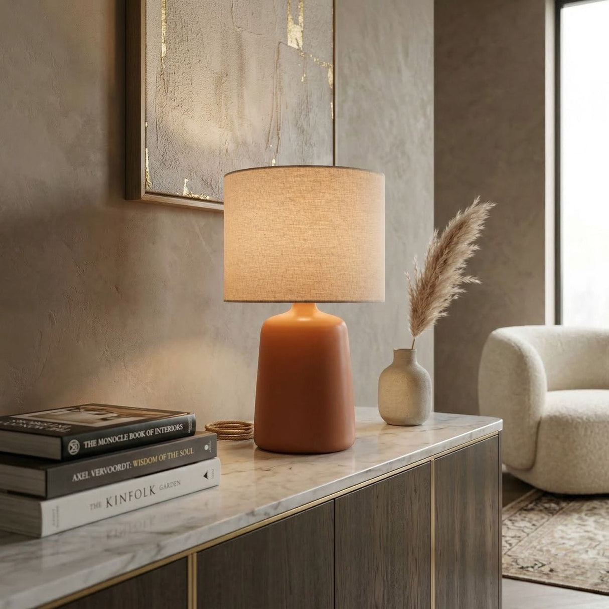 Modern European furniture - Beige Linen Ceramic Table Lamp L - www.oroa.com
