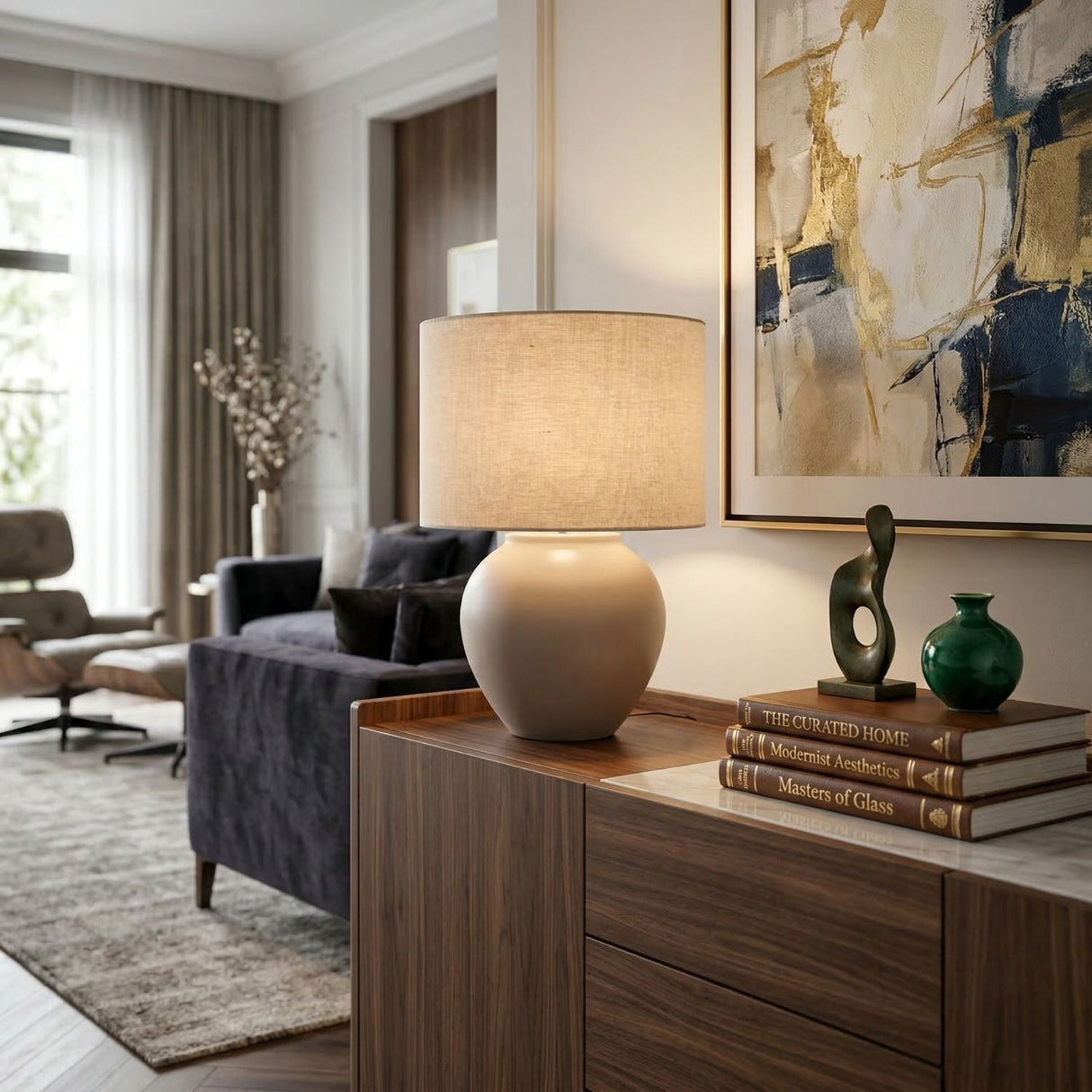 Modern European furniture - Rounded Ceramic Linen Table Lamp - www.oroa.com