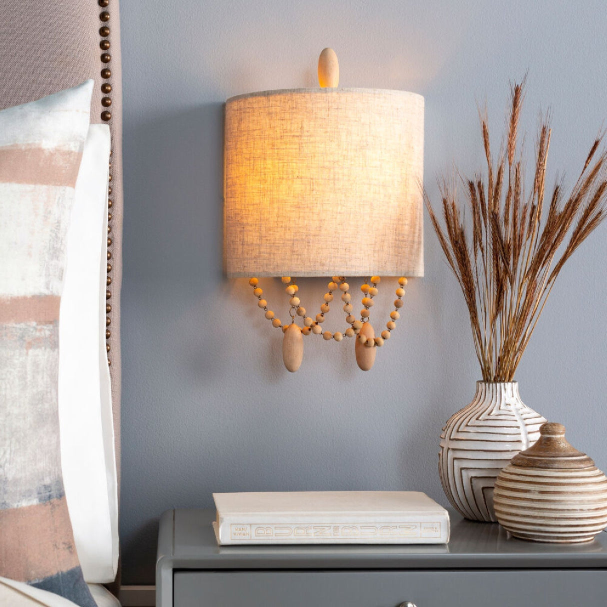 Modern European furniture - Beige Linen Beaded Wall Lamp - www.oroa.com