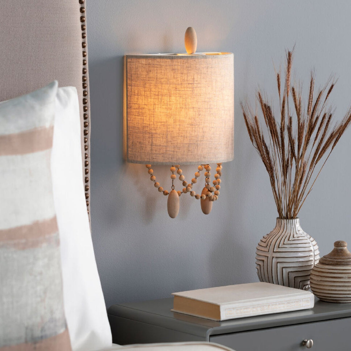 Modern European furniture - Beige Linen Beaded Wall Lamp - www.oroa.com