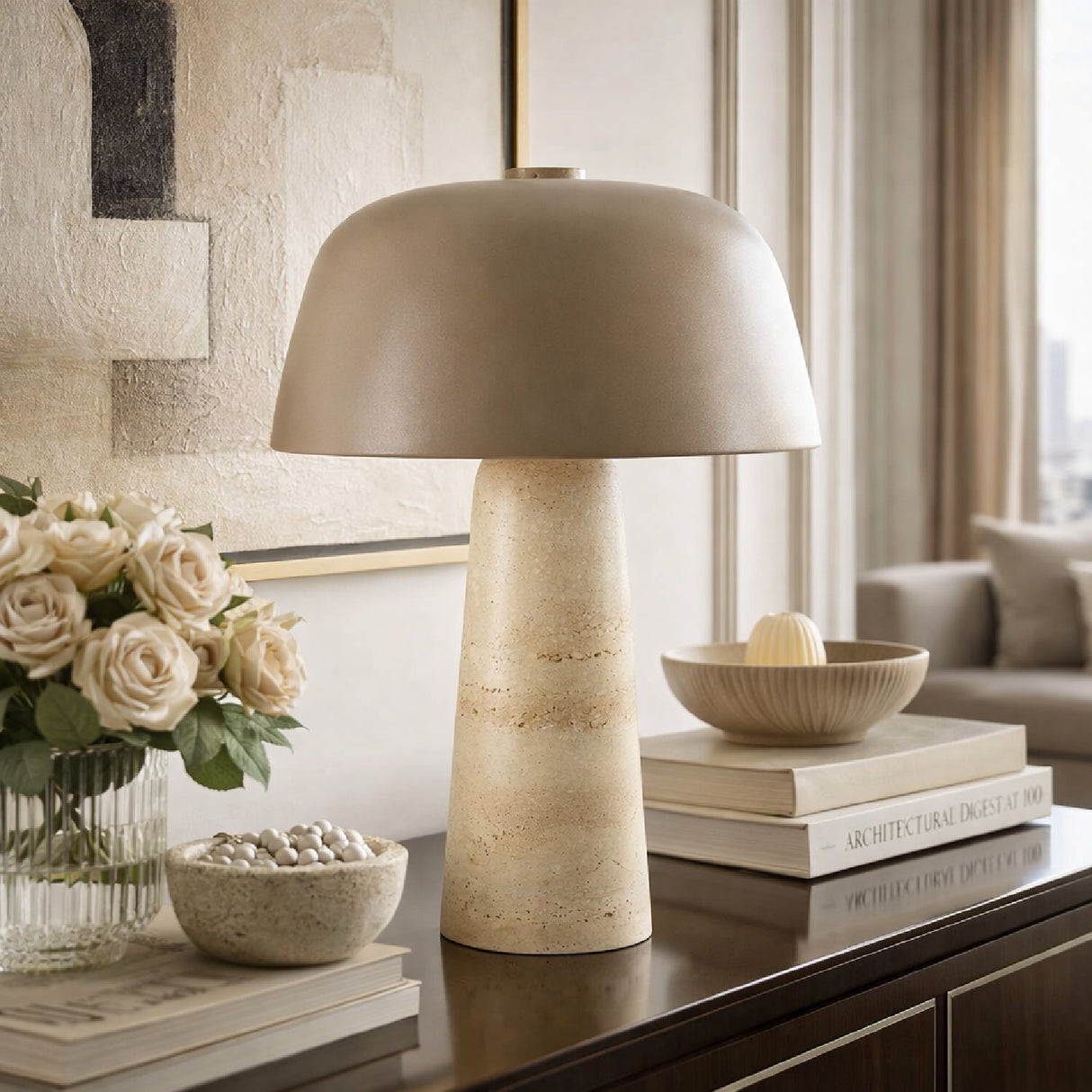 Modern European furniture - Metal Shade Travertine Table Lamp L - www.oroa.com
