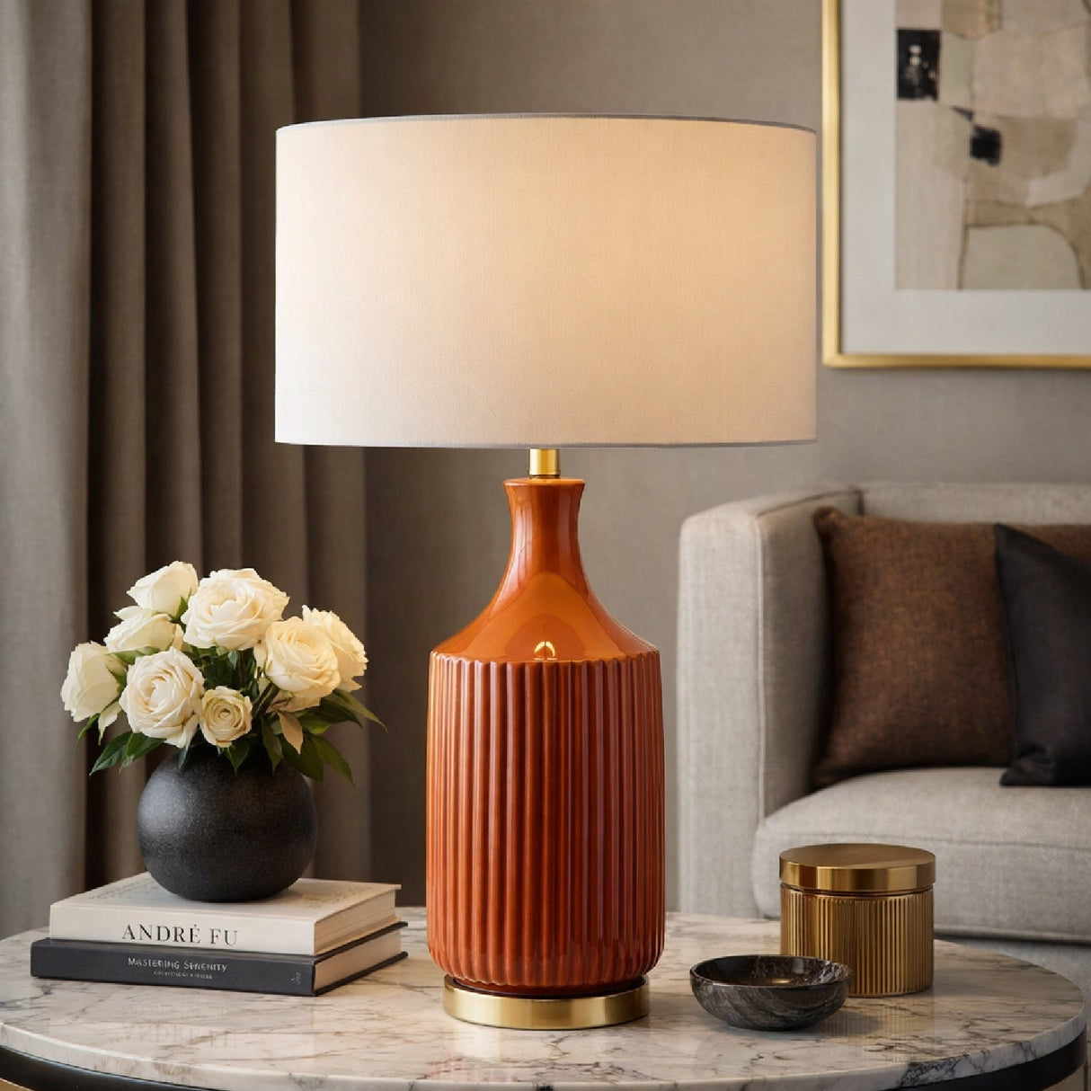 Modern European furniture - Fluted Glazed Ceramic Table Lamp - www.oroa.com