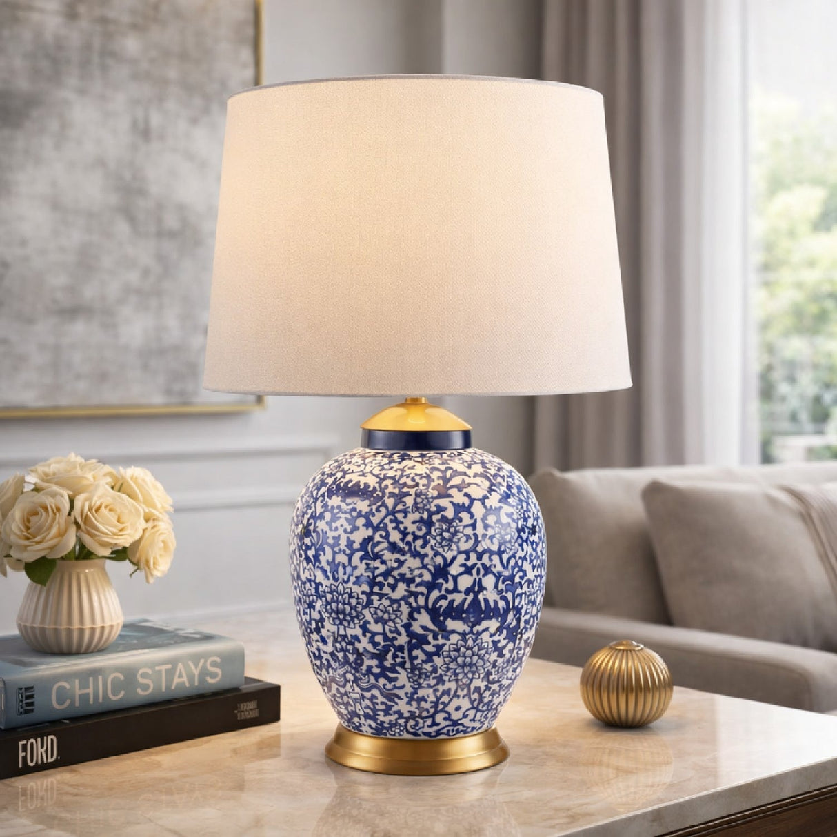 Modern European furniture - Blue Floral Ceramic Table Lamp - www.oroa.com