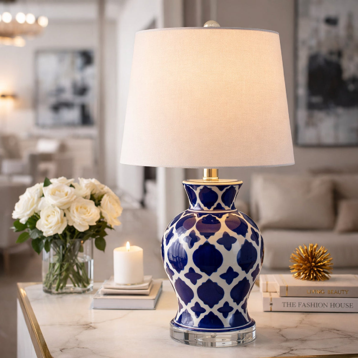 Modern European furniture - Blue Patterned Ceramic Table Lamp - www.oroa.com