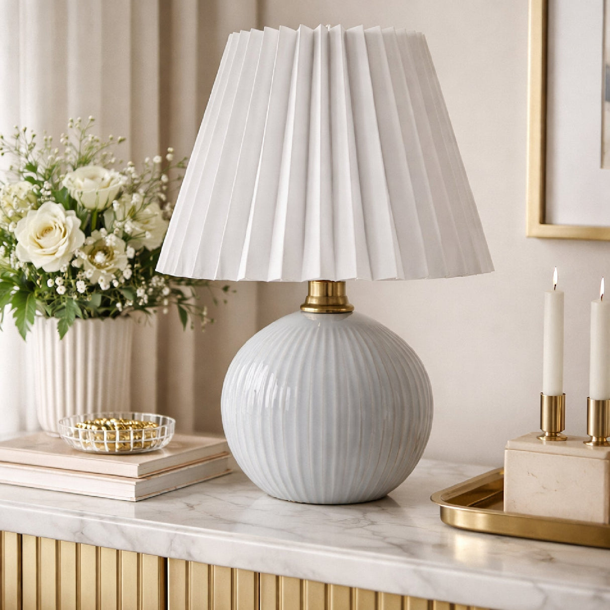 Modern European furniture - Pleated Linen Ceramic Table Lamp - www.oroa.com