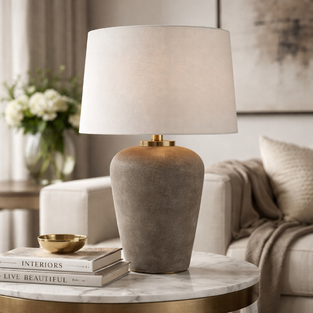 Modern European furniture - Beige Drum Linen Table Lamp L - www.oroa.com