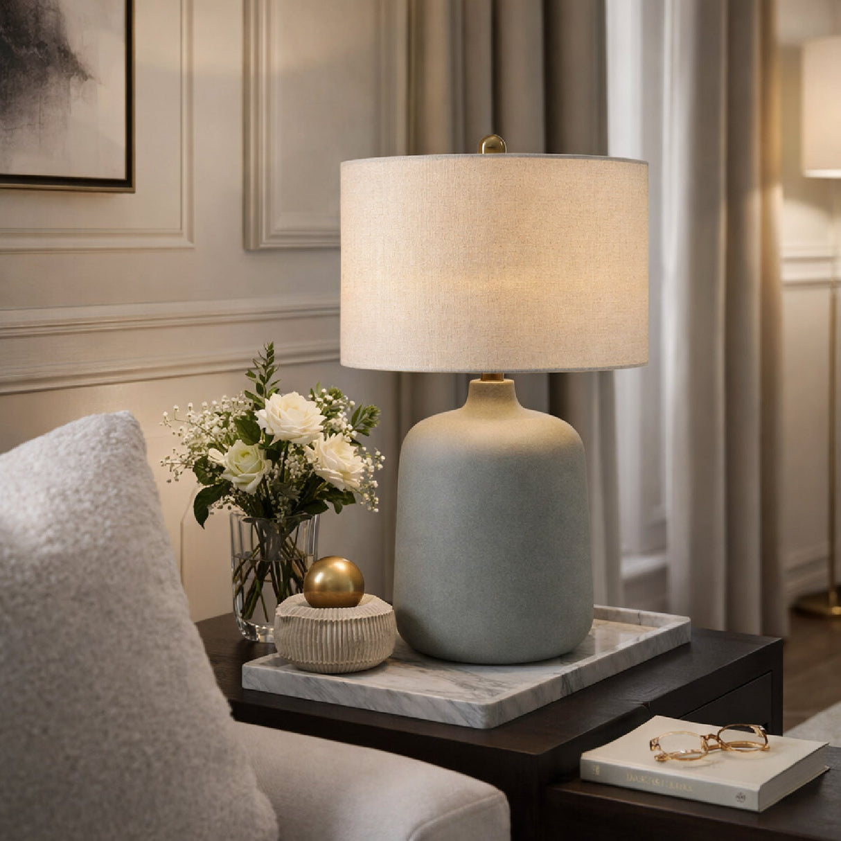 Modern European furniture - Ceramic Beige Linen Table Lamp - www.oroa.com