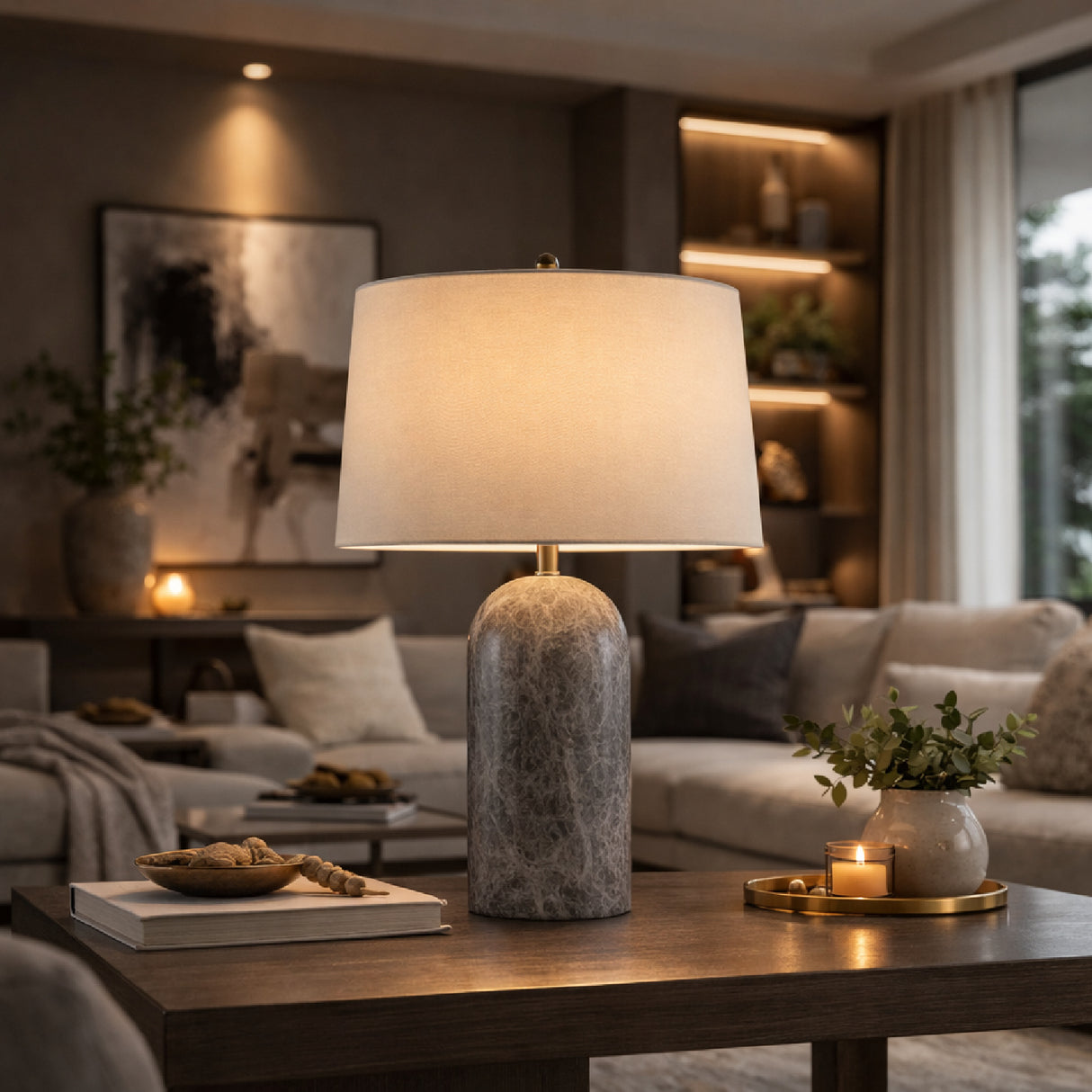 Cream Linen Marble Table Lamp | Oroa.com