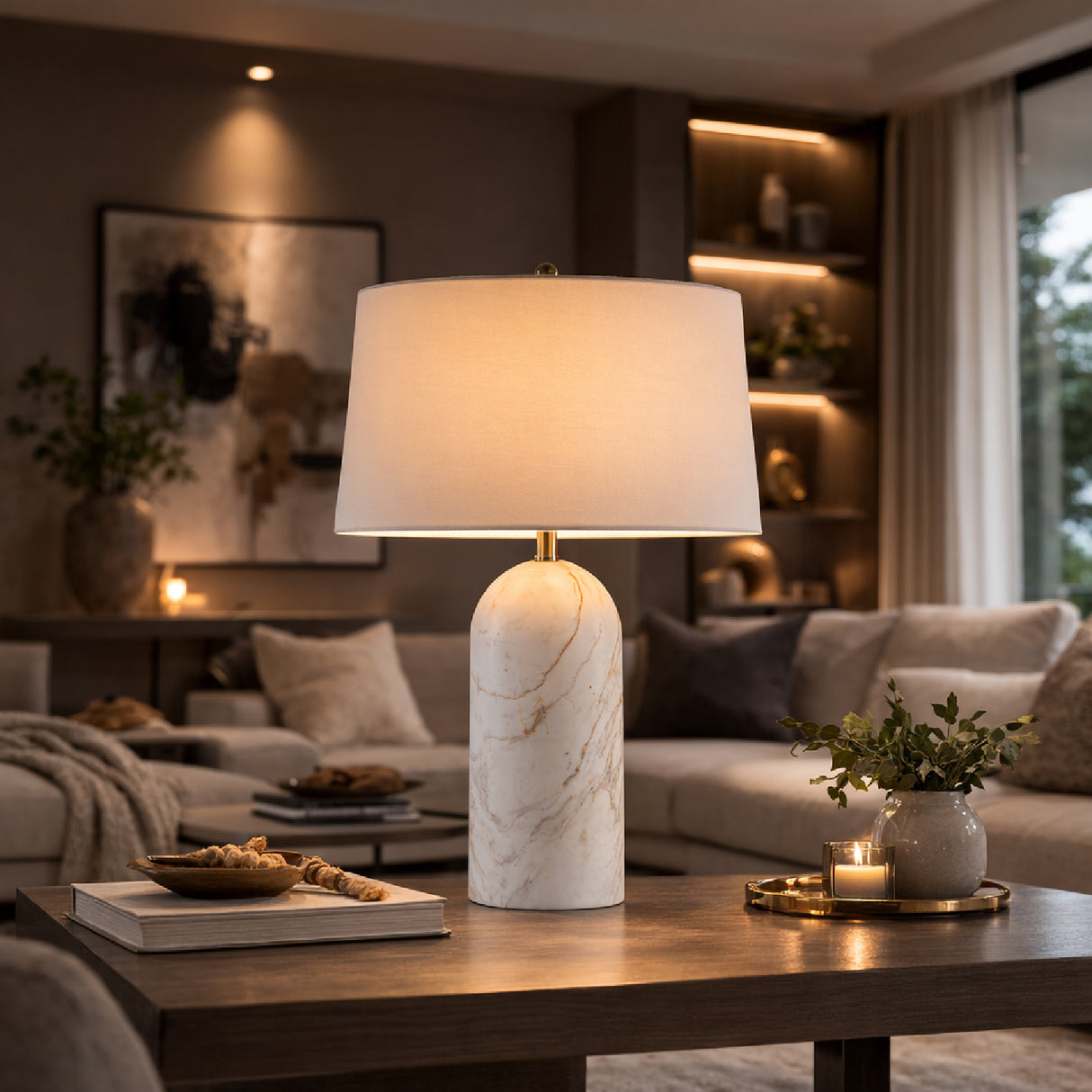 Cream Linen Marble Table Lamp | Oroa.com