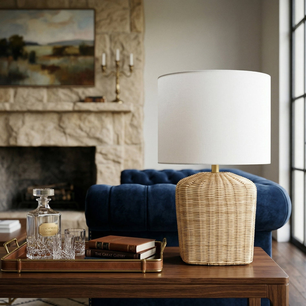 Modern European furniture - Rattan Base Linen Table Lamp - www.oroa.com