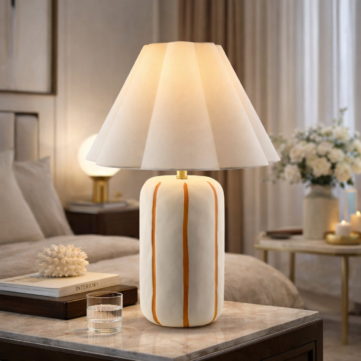 Modern European furniture - Scalloped White Linen Table Lamp - www.oroa.com