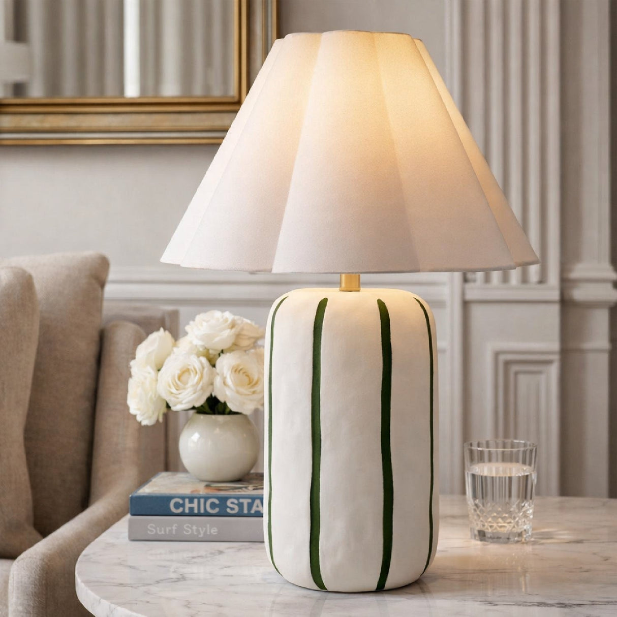 Modern European furniture - Scalloped White Linen Table Lamp - www.oroa.com