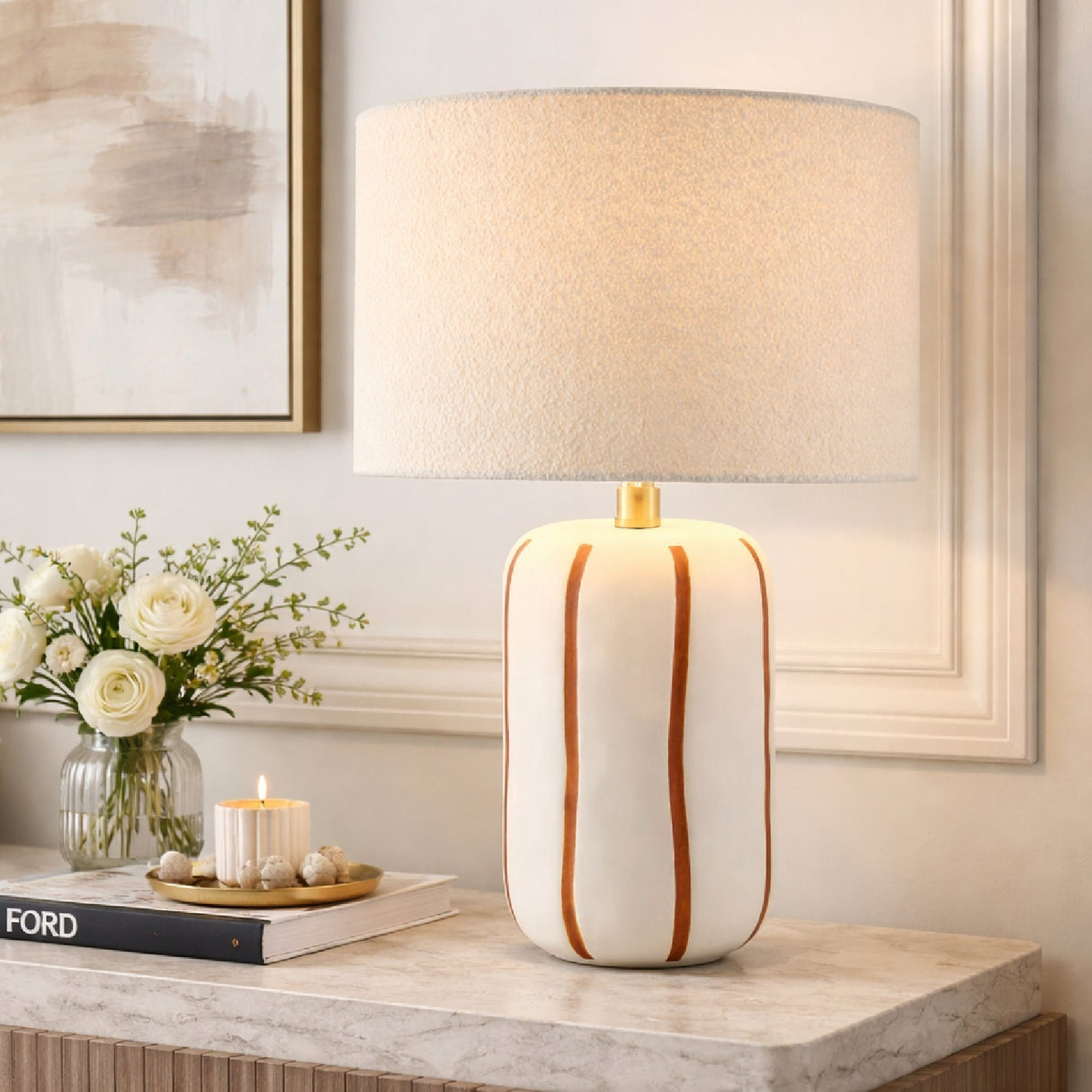 Modern European furniture - Lined Ceramic Linen Table Lamp - www.oroa.com