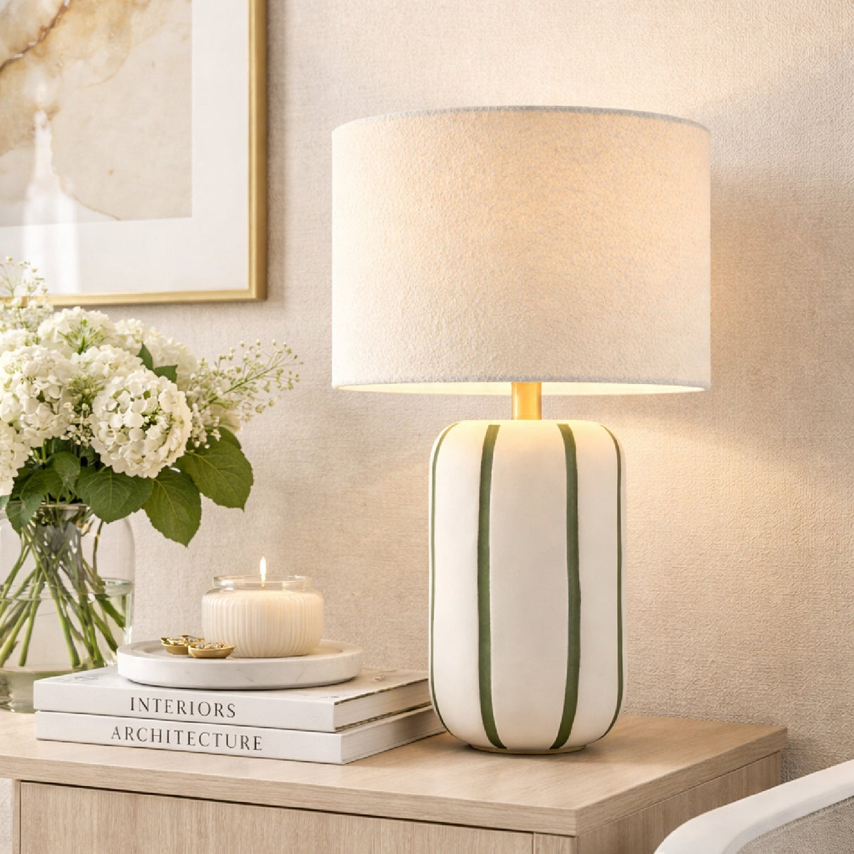 Modern European furniture - Lined Ceramic Linen Table Lamp - www.oroa.com
