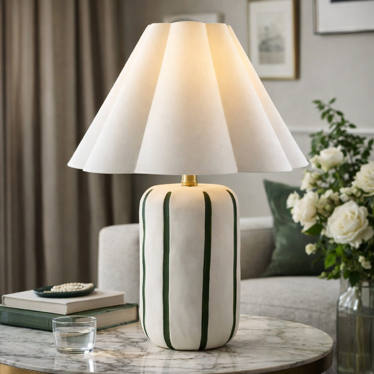 Modern European furniture - Ceramic Scalloped Linen Table Lamp - www.oroa.com