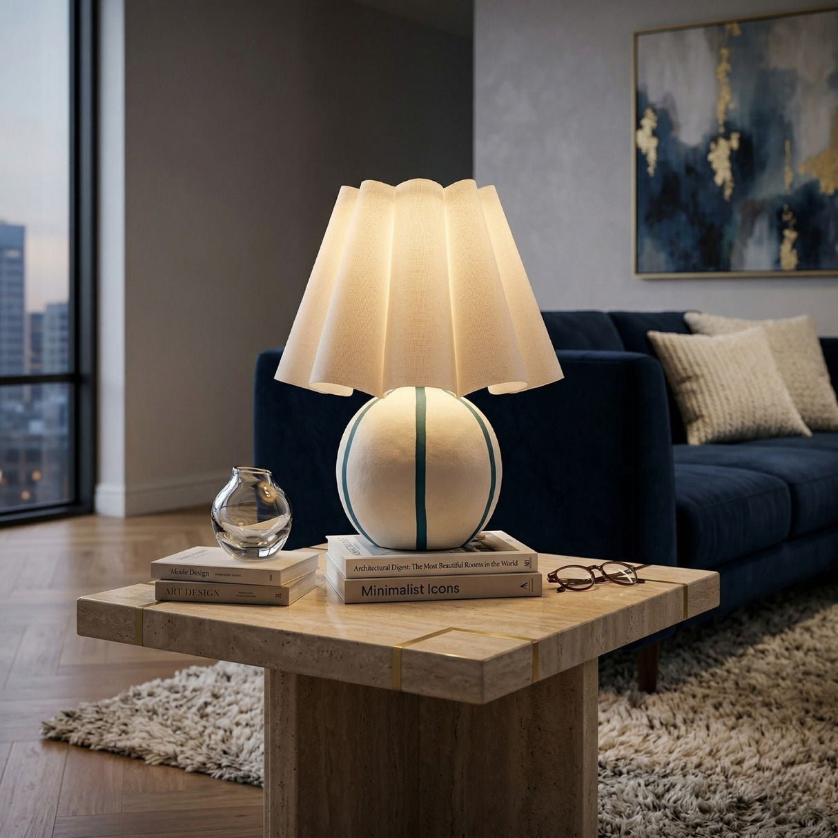 Modern European furniture - Lined Round Ceramic Table Lamp - www.oroa.com
