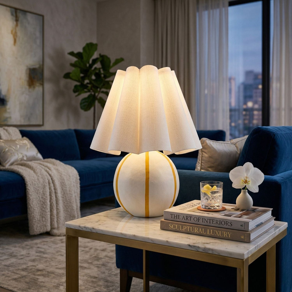 Modern European furniture - Lined Round Ceramic Table Lamp - www.oroa.com