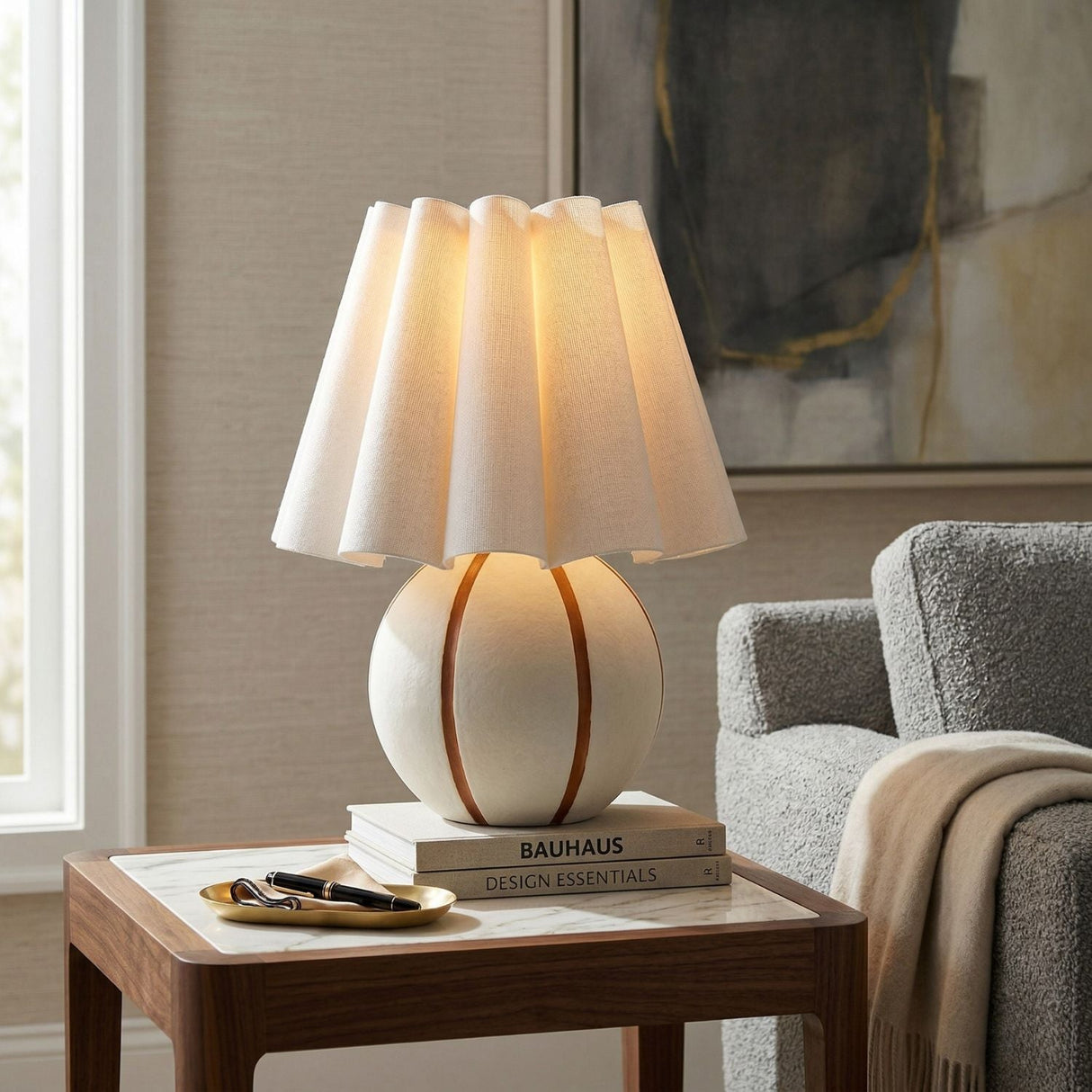 Modern European furniture - Lined Round Ceramic Table Lamp - www.oroa.com