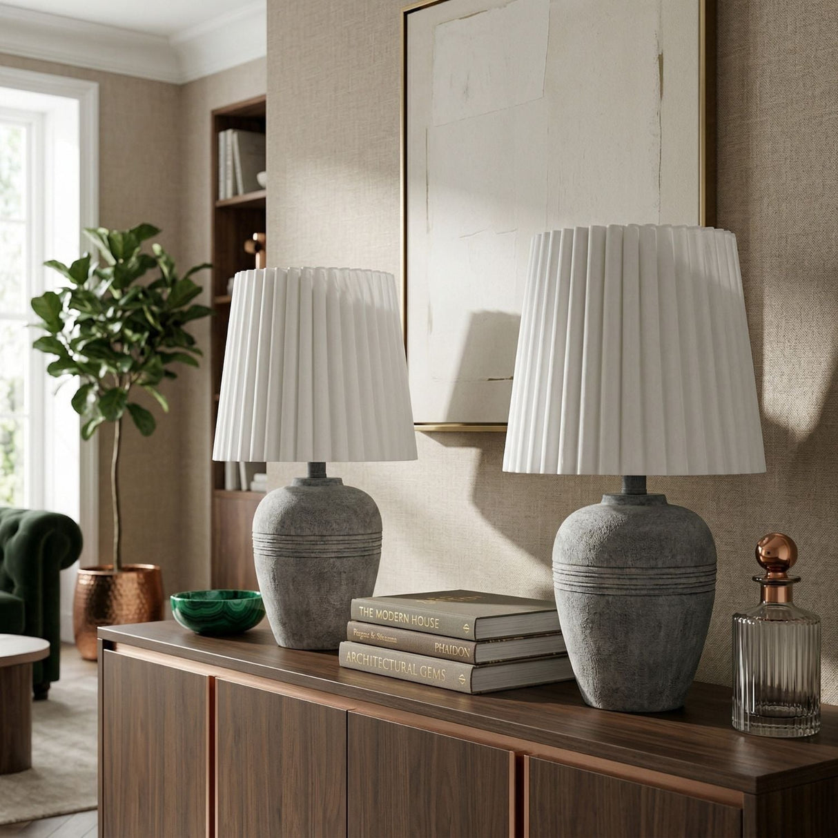 Modern European furniture - Fluted Linen Table Lamp Set (2) - www.oroa.com
