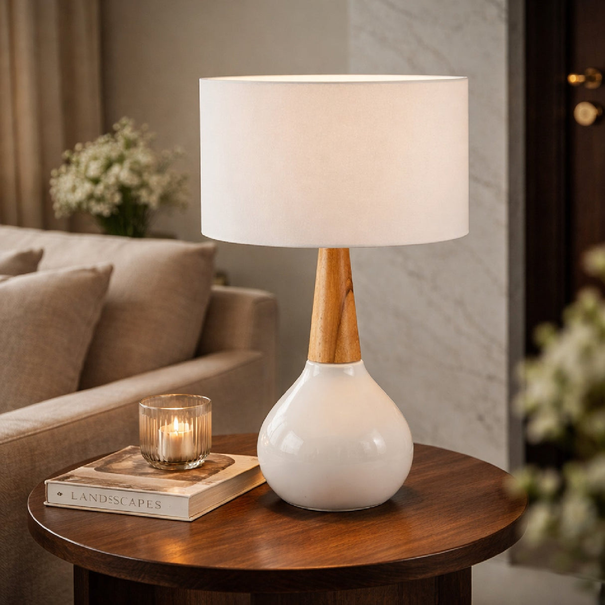 Ceramic Wood Base Table Lamp – Kent – angled view