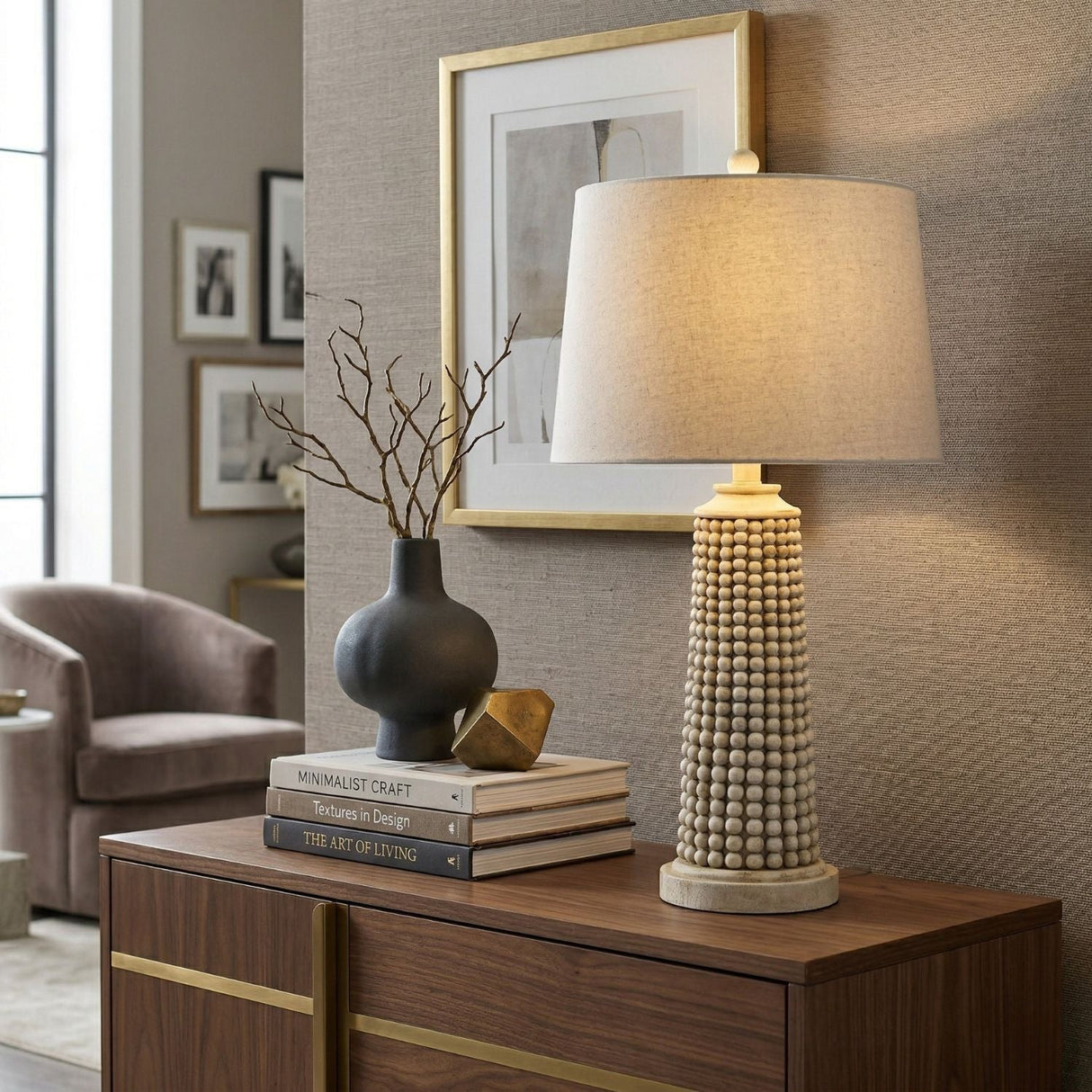 Modern European furniture - Beaded Beige Linen Table Lamp - www.oroa.com