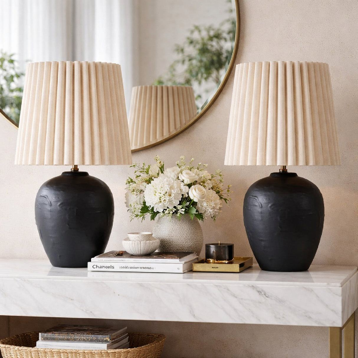 Modern European furniture - Pleated Linen Ceramic Table Lamps (2) - www.oroa.com