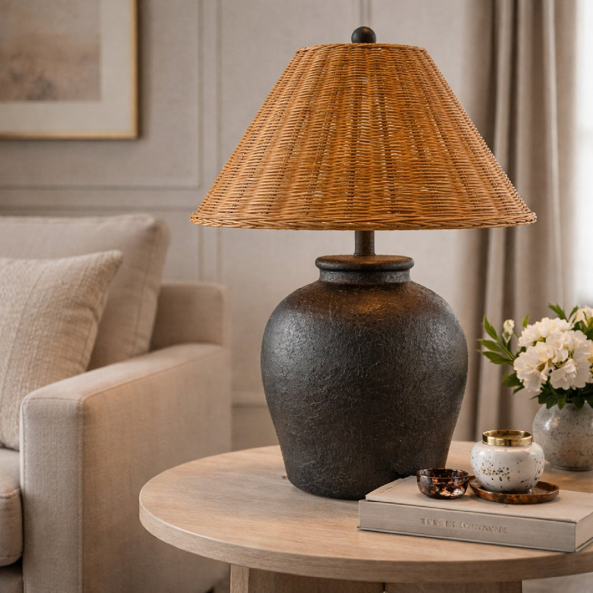 Modern European furniture - Brown Rattan Ceramic Table Lamp - www.oroa.com