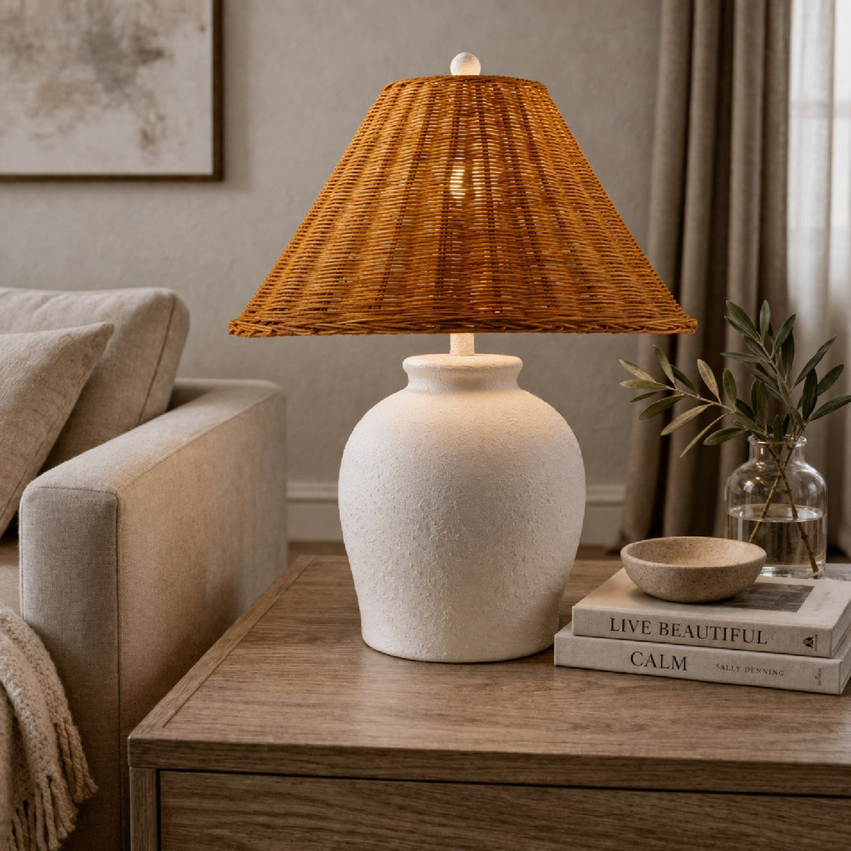 Modern European furniture - Brown Rattan Ceramic Table Lamp - www.oroa.com