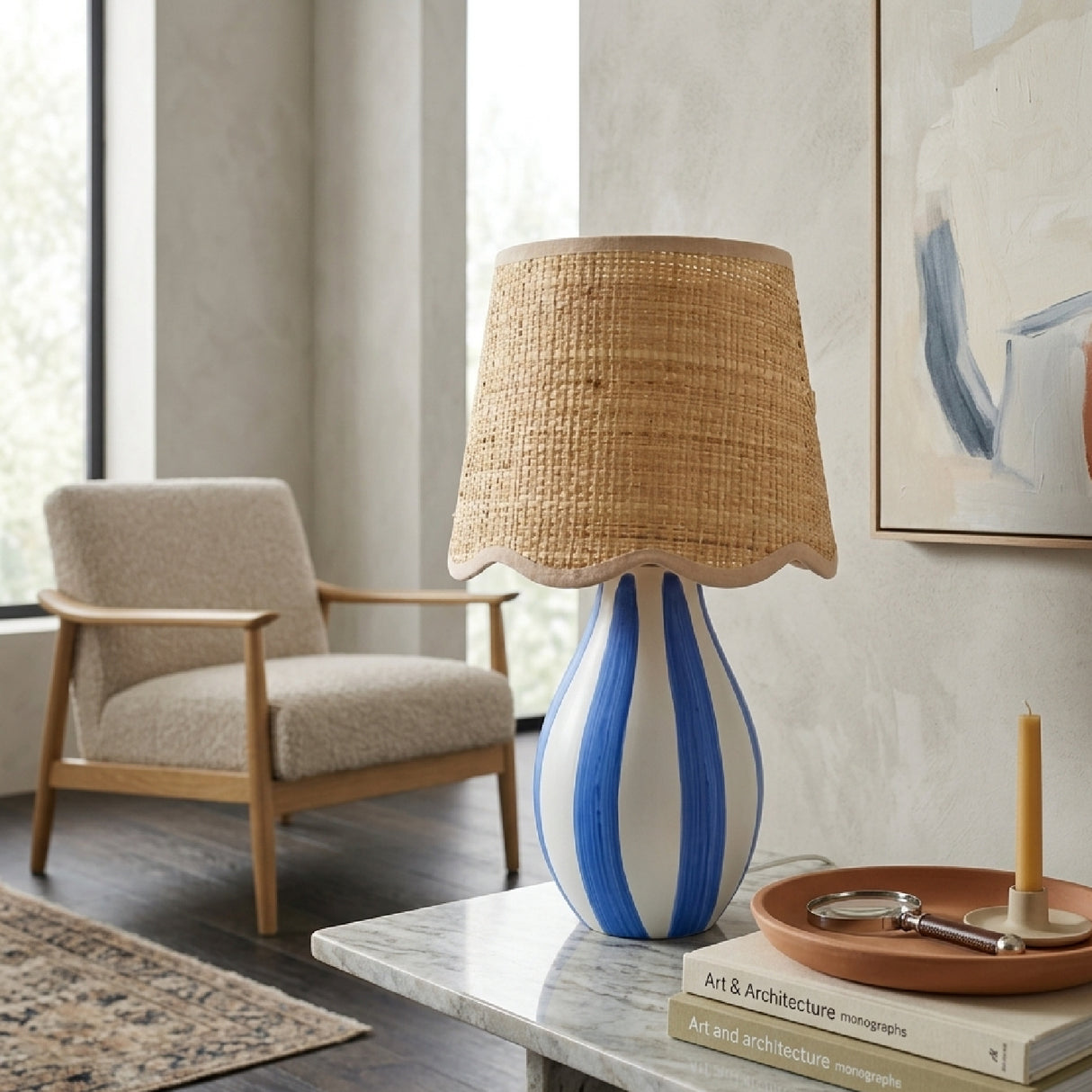 Modern European furniture - Striped Ceramic Seagrass Table Lamp - www.oroa.com