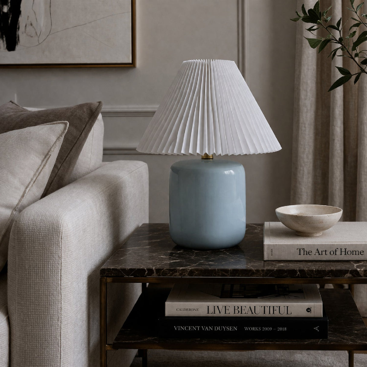 Modern European furniture - Ceramic Pleated Linen Table Lamp - www.oroa.com