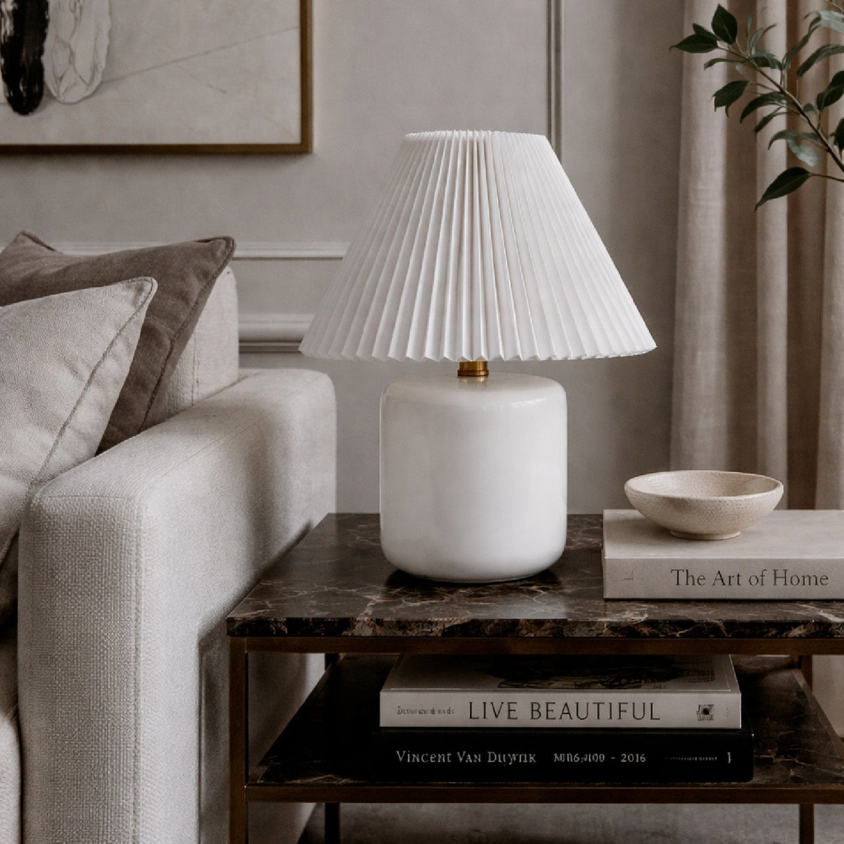 Modern European furniture - Ceramic Pleated Linen Table Lamp - www.oroa.com