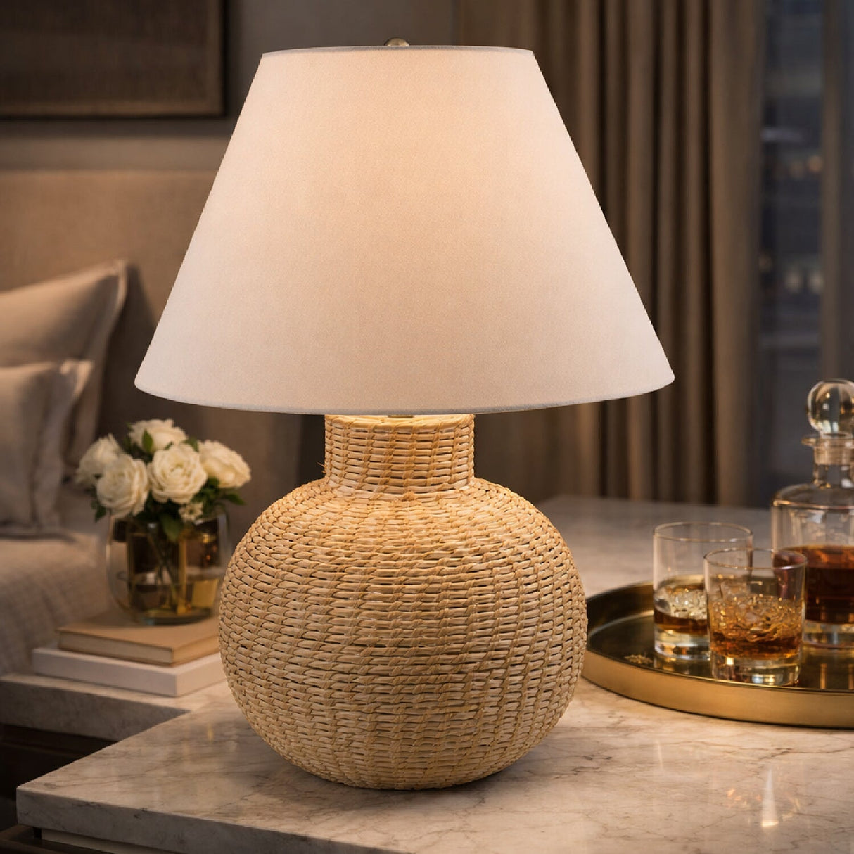 Modern European furniture - White Rattan Base Table Lamp - www.oroa.com