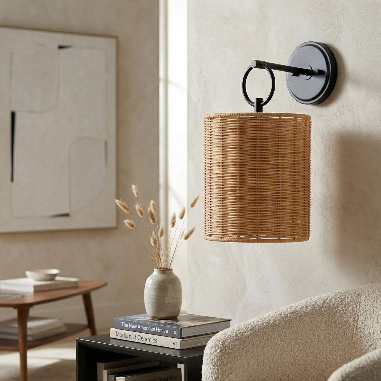 Modern European furniture - Drum Rattan Shade Wall Lamp - www.oroa.com